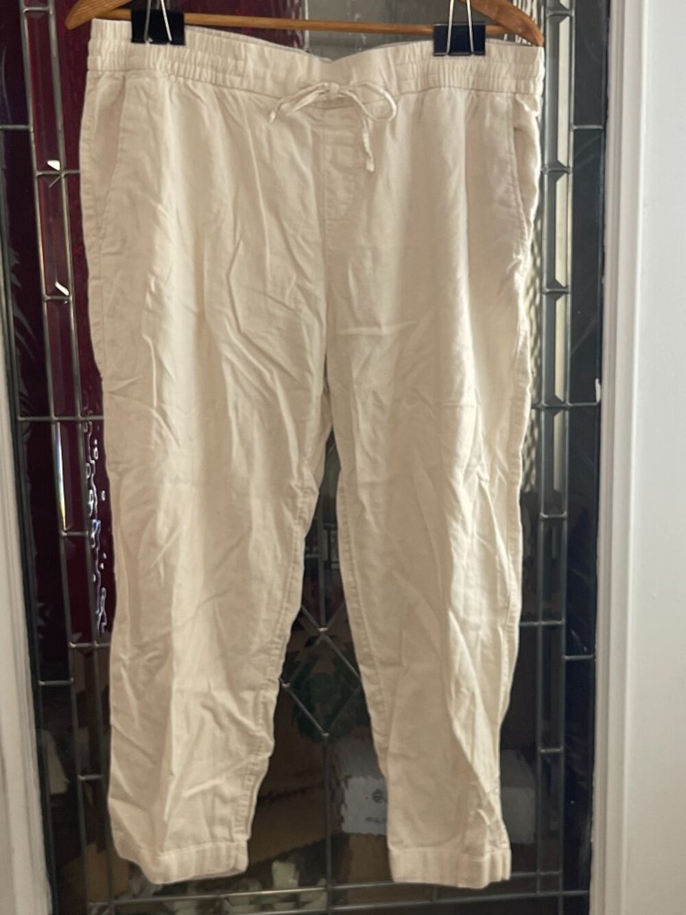 Old Navy L Womens Beige Elastic Waist Draw String Linen Pants Trousers Pull On
